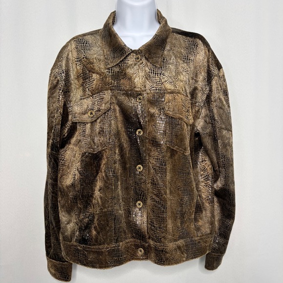 Carole Little Jackets & Blazers - Carole Little Women Metallic Snakeskin Print Button Front Trucker Jacket Gold 12